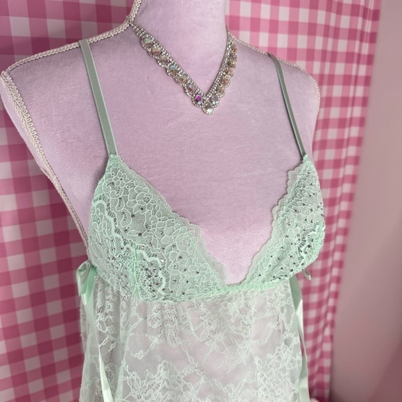 Victorias Secret Mint Green Lace Crystal Babydoll Lingerie Set🪽🎀 - Picture 8 of 8